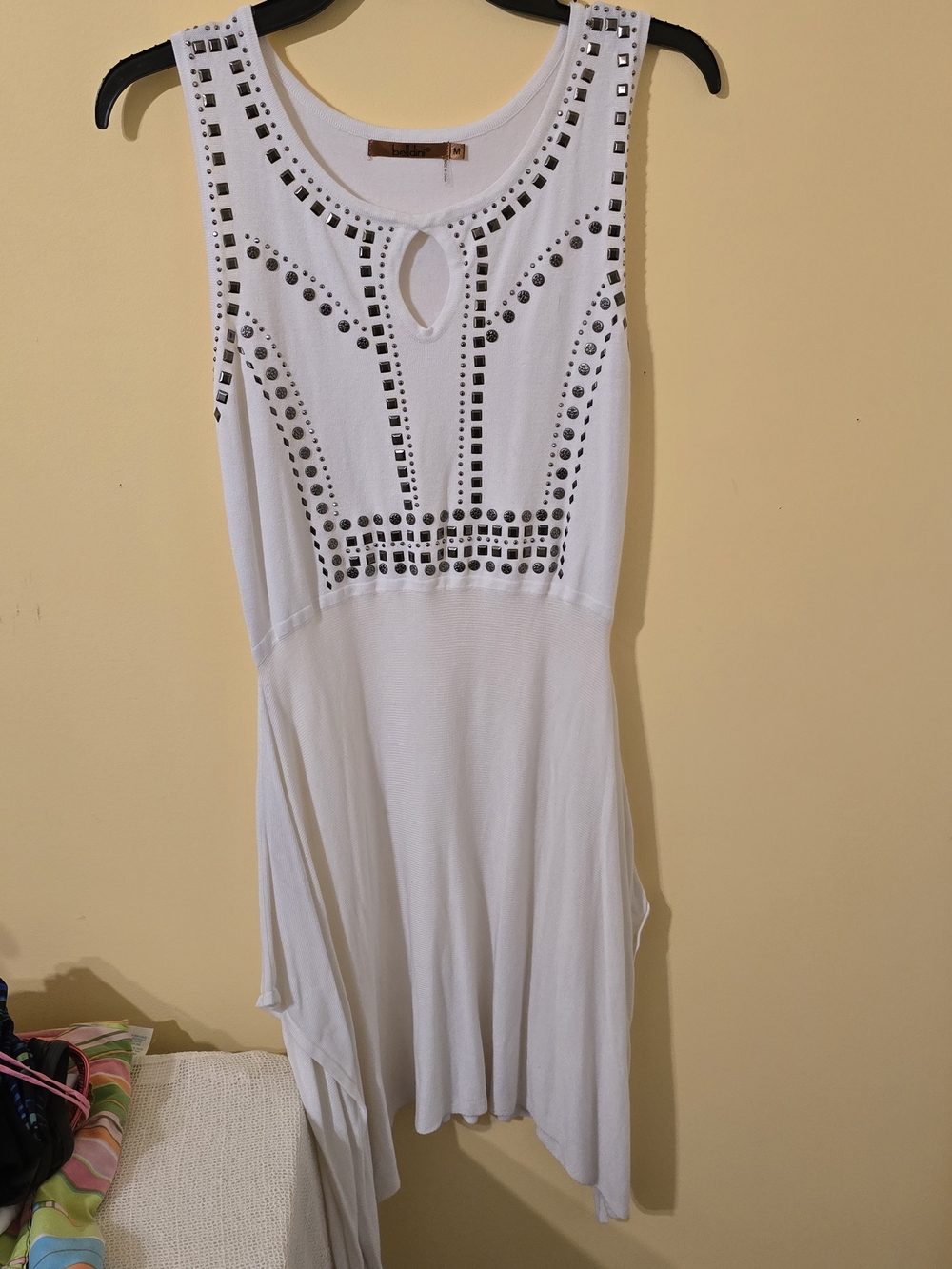 Bellini White Sleeveless Asymmetrical Studded Dress